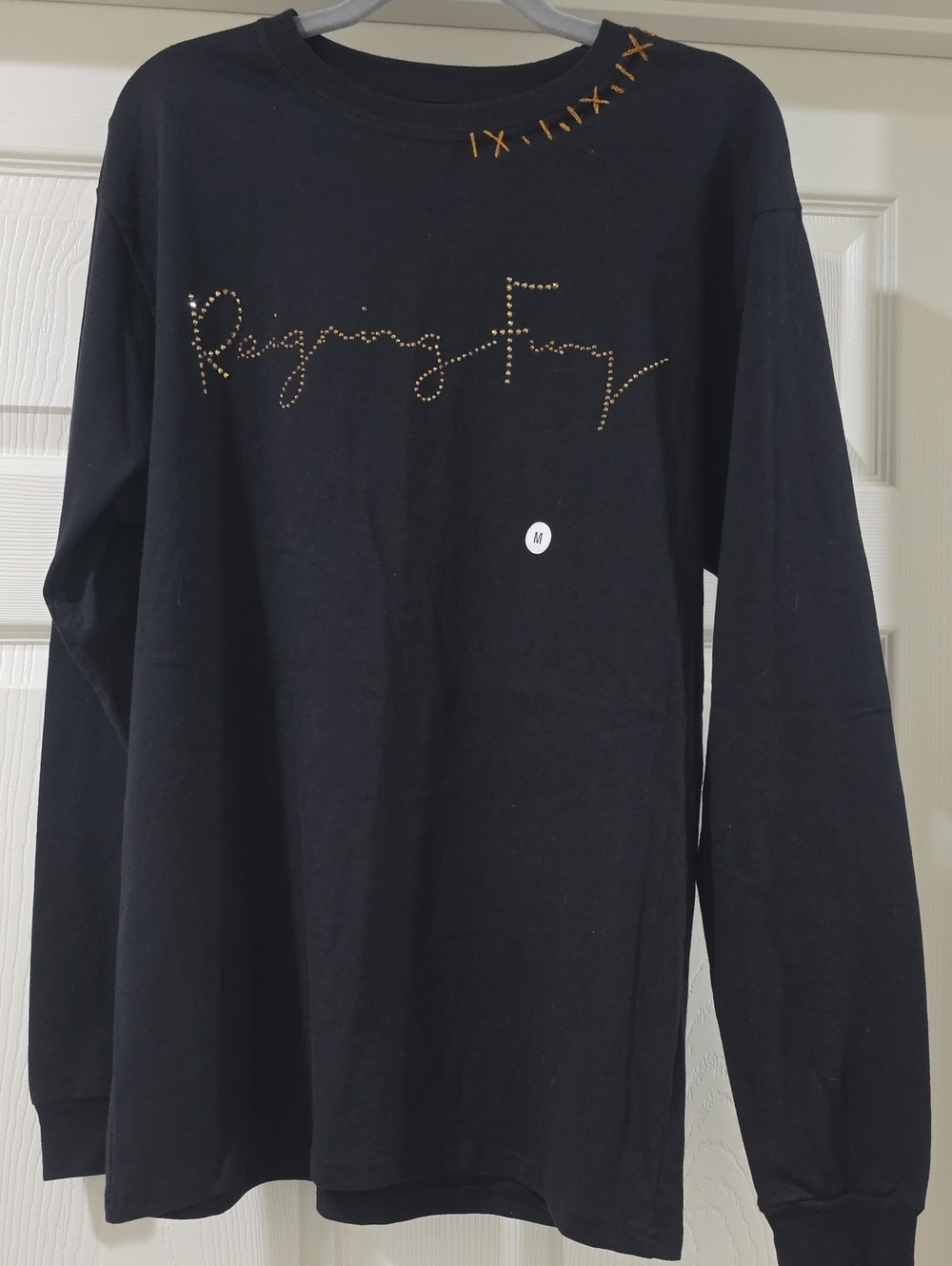 Black Long-Sleeve Mens Tee with Gold Stud Script (Reigning Fury) Medium